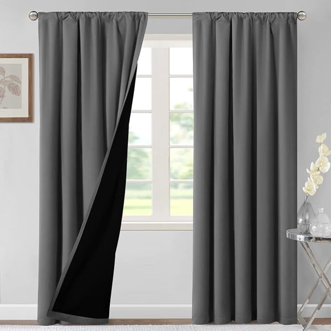 H.VERSAILTEX 100% Blackout Curtains for Bedroom Thermal Insulated Blackout Curtains 108 Inches Long Rod Pocket/Clip Rings Curtains for Living Room with Black Liner 2 Panels, Grey