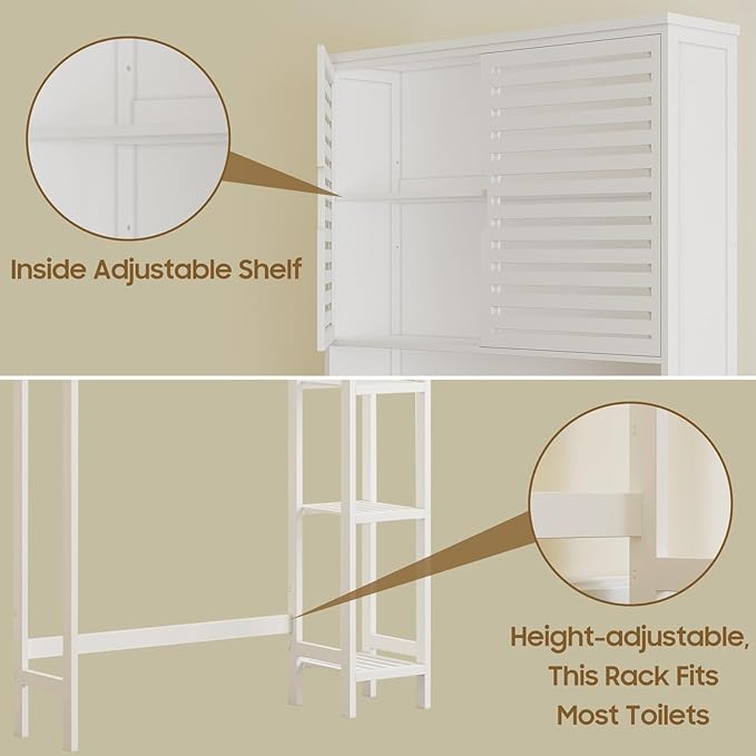 Over The Toilet Storage Cabinet, Bamboo Over Toilet Bathroom Organizer Cabinet with 2 Doors, Freestanding Home Space Save Toilet Rack for Restroom, Bathroom, Laundry, White