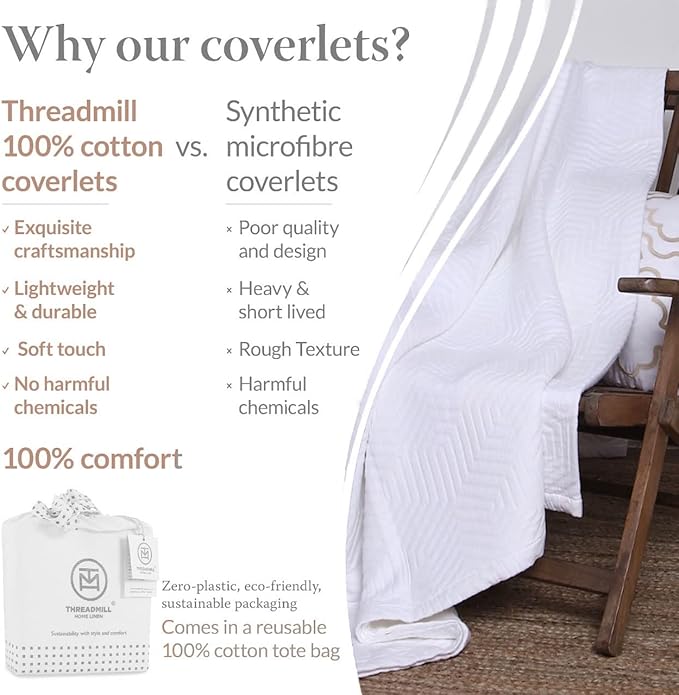 Threadmill Luxury Cotton Blankets for King Size Bed | All-Season Cozy 100% Cotton King Size Blanket | Aster Jacquard Soft & Lightweight Coverlet fits California King, 104x92 | White