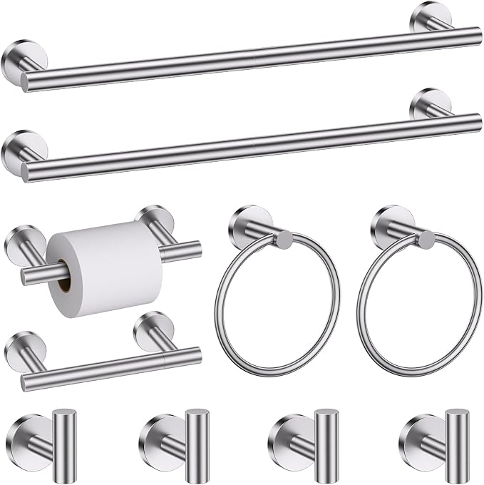 Brushed Nickel Towel Bar Bathroom Hardware Accessories Set, 10 Pieces Upgraded Toilet Paper Holder 23.6 Inch Towel Rack for Bathroom Wall Mounted Stainless Steel Bathroom Set