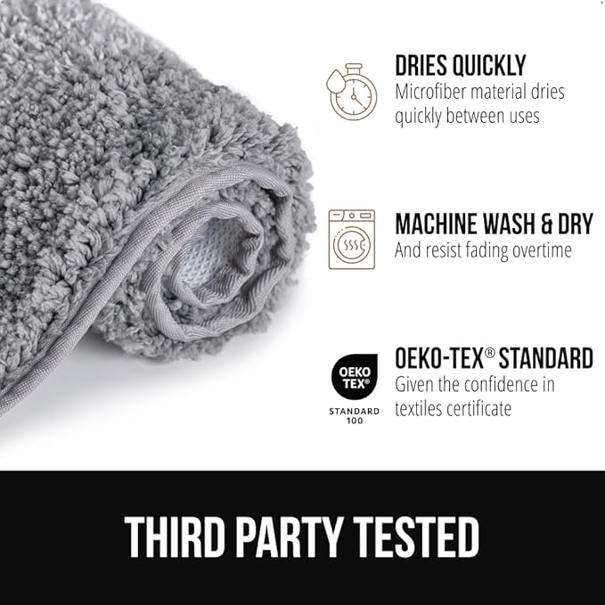 GORILLA GRIP Ultra Soft Plush Bathroom Rugs with Textured Rubber Backing, 40 x 24 Absorbent Quick Dry Bath Mat, Machine Washable Shower Mats, Home Décor Accessories Bathmat Rug Essentials, Grey