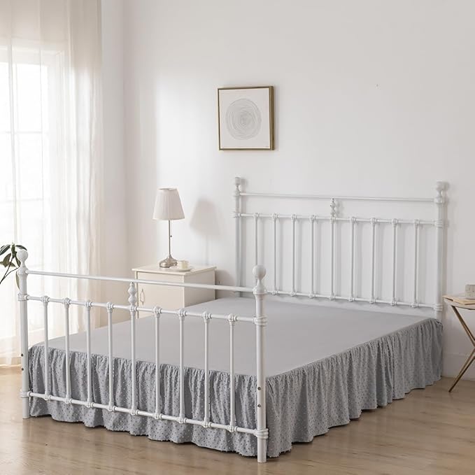 Tufted Dot Bed Skirt Full Size Ruffled Bed Skirt with Split Corners, 14 Inch Drop Dust Ruffle Bed Skirts with Platform, Light Grey