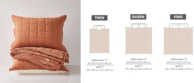 Burnt Orange Quilt King Size， Cotton Linen King Quilt Bed Spreads，3-Pieces King Size Quilt Bedding Set with Cream Stripe Coverlet Lightweight Bedding Comforters with 2 Pillow Shams