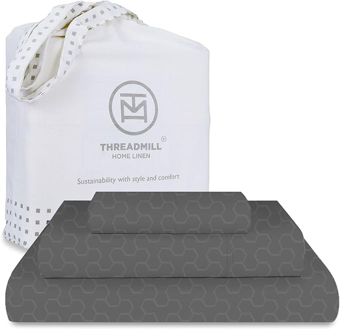 Threadmill 500 Thread Count Twin Size 3 Pc Luxury Cotton Bedding Set, Jacquard Floria Dark Grey, Breathable Sheets with 15" Elasticized Deep Pocket, 1 Pillowcase & Free Tote Bag