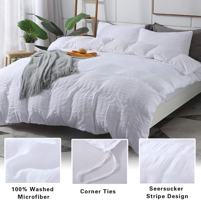 AveLom White Duvet Cover Twin Size (68 x 90 inches)，2 Pieces (1 Duvet Cover, 1 Pillow Case) Stripe Textured Soft Washed Microfiber Duvet Cover with Zipper Closure Corner Ties