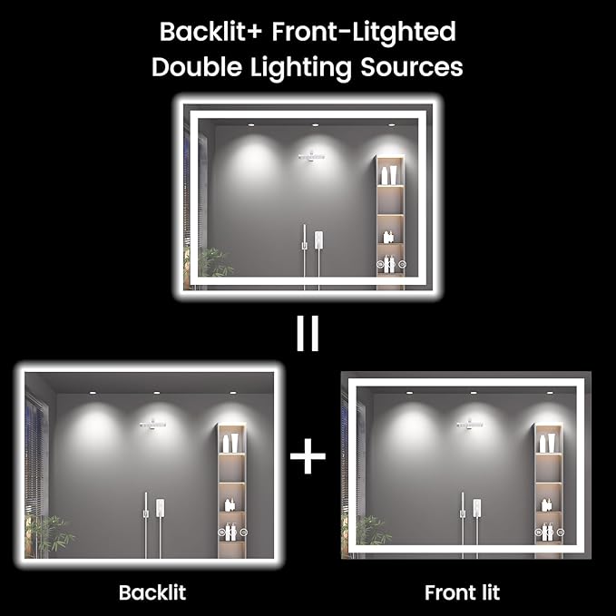 40X30 LED Bathroom Mirror with Lights, Anti-Fog, Backlit + Front Lit, Lighted Bathroom Vanity Mirror for Wall, Memory Function, Dimmable, Tempered Glass, Shatter-Proof, ETL Listed