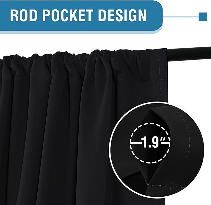 H.VERSAILTEX 100% Blackout Curtains for Bedroom 42 Inches Wide Thermal Insulated Drapes Blackout Curtains 63 Inches Long Rod Pocket Curtains with Black Liner 2 Panels Set, Jet Black