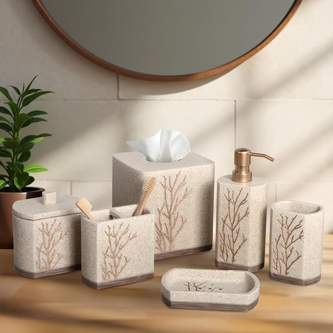 Decozen Bathroom Accessories Set 6Pcs – Soap Dispenser, Toothbrush Holder, Tumbler, Soap Dish & Cotton Swab Jar – Modern Bathroom Decor, Bath Set for Christmas Decor, Kent
