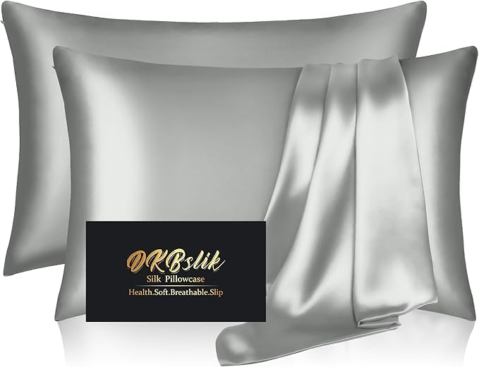 Silk Pillowcase 2 Pack, Natural Mulberry Silk Pillow Cases, Anti Acne Silk Pillowcase for Hair and Skin, King Size Silk Satin Pillowcase Set of 2 with Zipper, Gifts for Sleeping Women, Silver Grey