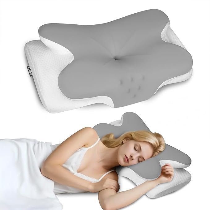 Cervical Neck Pillow for Sleeping,Memory Foam Pillows for Neck Pain Relief,Ergonomic Neck Support Contour Pillow for Side Back Stomach Sleepers,Orthopedic Breathable Pillowcase(Light Grey)