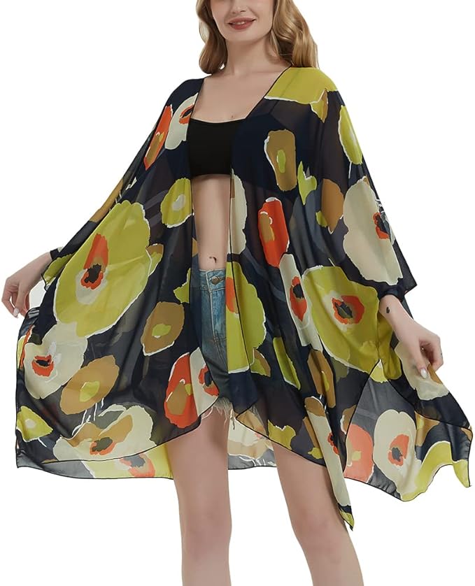 Women's Bohemian Floral Chiffon Beach Cover up Swimsuit Kimono Summer Swimwear Cardigans