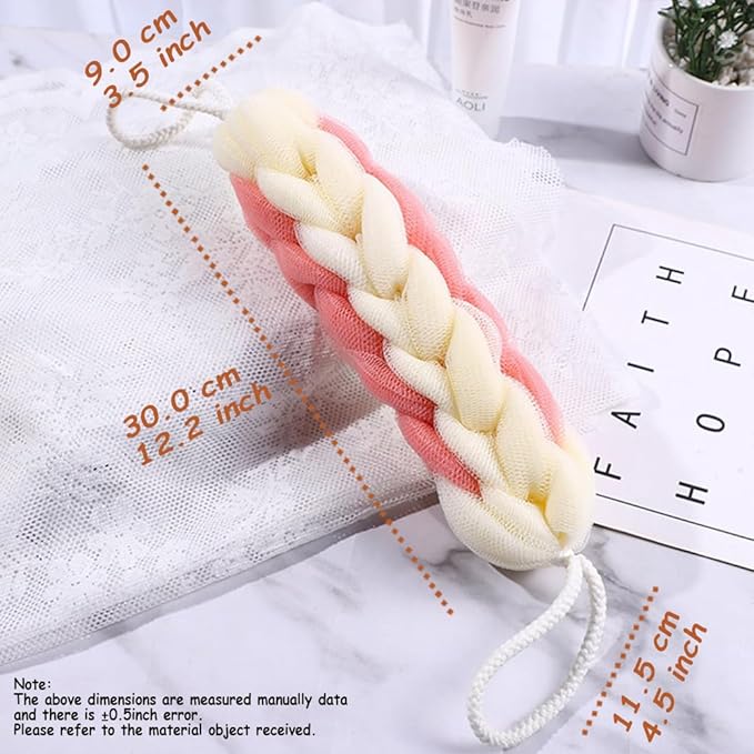 AARAINBOW 2 Packs Upgraded Long Stretch Back Sponge with Rope Handles Back Scrubber Bath Shower Mesh Sponge Exfoliating Body Scrub Stretch Braided Loofah for Men Women Braided Mesh Shower (Gray+Pink)