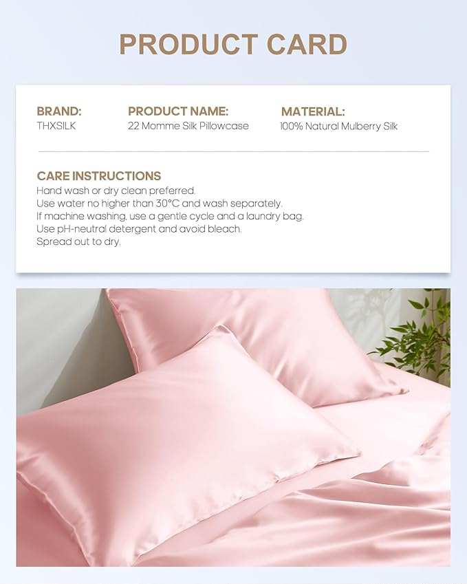 THXSILK 100% Mulberry Silk Pillowcase for Hair and Skin, 22 Momme, Hidden Zipper, Organic Silk Pillowcase Standard Size 20x26 inches, 1PC, Light Pink