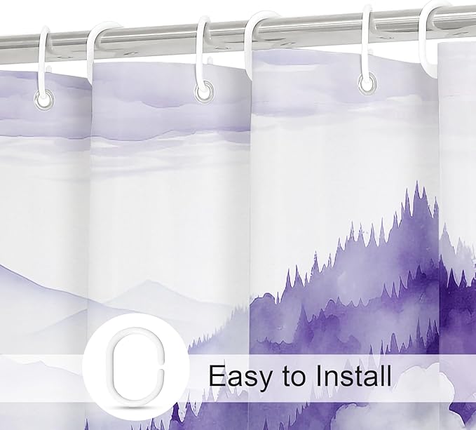 Purple Long Misty Pine Forest Shower Curtain 72 x 78, Mountain Foggy Woodland Scenery Tree 78 Inch Long Shower Curtains for Bathroom, Abstract Waterproof Nature-Themed Decor