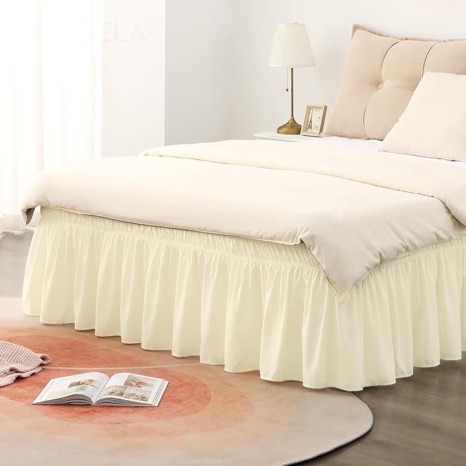 RIMELA Cream Yellow Bed Skirt Queen Size 18 Inch Drop, Elastic Bed Skirting for Bed Base and Frame, Bedding Dust Ruffle Easy to Install, Lightweight Wrap Around Adjustable Bedskirt