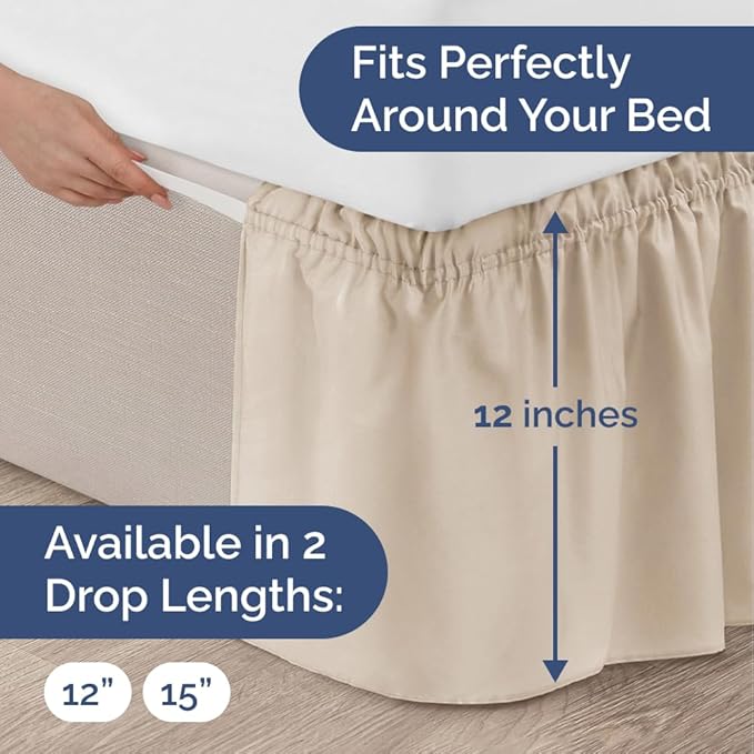 Wrap Around Dust Ruffle Bed Skirt - Wheat - for King Size Beds w/ 12 Inch Drop - Easy Fit Elastic Strap - Adjustable Pleated Bedskirt w/Brushed Fabric - Wrinkle Free - for Women, Men, Kids & Teens