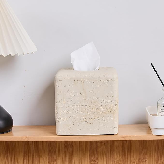 Natural Travertine Tissue Box Cover – Modern Resin Cube Holder for Bathroom, Bedroom, Office – Decorative Square Tissue Box for Countertop, Nightstand, Vanity & Desk – Heavy&Sturdy