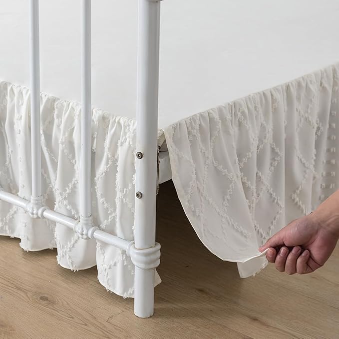 Bed Skirt King Size Ruffled Bed Skirt with Split Corners, 16 Inch Drop Dust Ruffle Bed Skirts with Platform, Boho Tufted Shabby Chic King Size Bed Skirts, Ivory