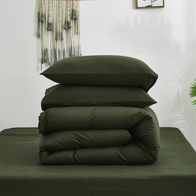 Cottonight Army Green Comforter Set Queen Dark Green Bedding Set Full Plain Modern Style Blanket Quilts Soft Breathable Comforter Set for Women Men
