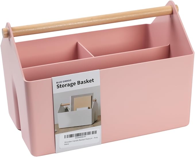 BLUE GINKGO Medium Storage Basket – Plastic Caddy with Wooden Handle for Office, Arts & Crafts, or Home Supplies (Pink)