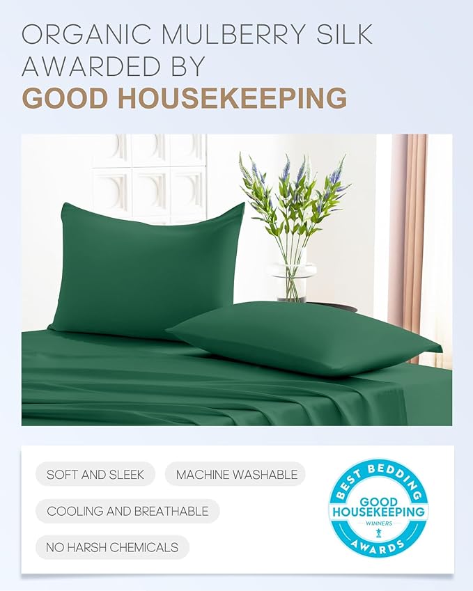THXSILK 100% Mulberry Silk Pillowcase for Hair and Skin Health, Hidden Zipper, 22 Momme, Both Sides Smooth, Breathable and Natural, Sleep Pillow Case (Standard 20"x26", Emerald Green)