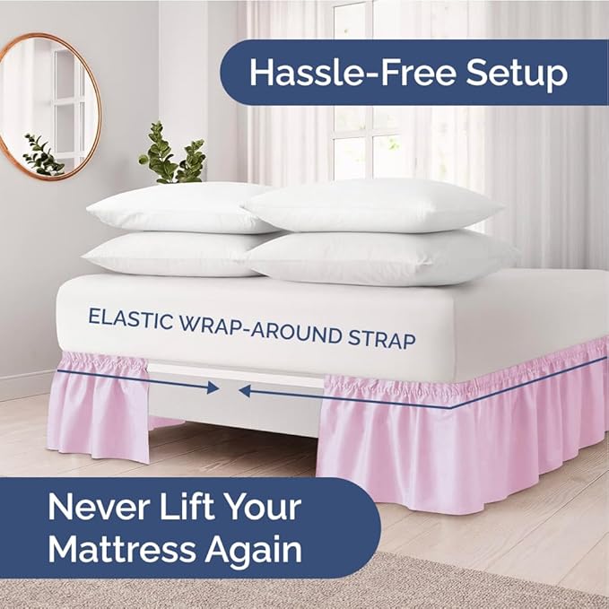 Wrap Around Dust Ruffle Bed Skirt - Light Pink - for Queen Size Beds with 18 Inch Drop - Elastic Strap - Adjustable Pleated Bedskirt with Brushed Fabric and Wrinkle Free - For Women, Men, Kids & Teens