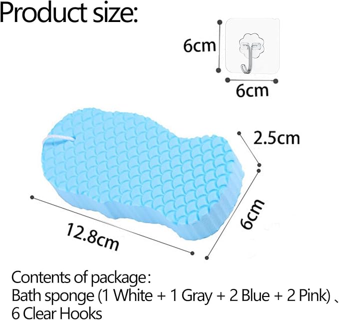 SODOI Shower Sponge 6-Pack 3D Ultra-Soft Exfoliating Bath Sponge Gentle on Skin Suitable for Adults Children and Pregnant Women Reusable (1 White + 1 Gray + 2 Blue + 2 Pink) + 6 Clear Hooks