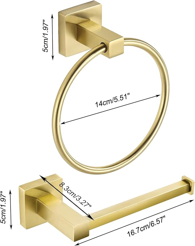 FORBATH Gold Toilet Paper Holder Towel Ring, Brushed Gold Bathroom Hardware, Hand Towel Holder Toilet Tissue Roll Holder Set, Wall Mount SUS304 Stainless Steel Bath Accessories, 2pcs