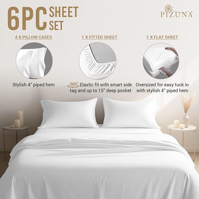 Pizuna Pure 100% Cotton Bed Sheets Set King Size White, 800 Thread Count 100% Long Staple Cotton Sateen King Sheet Set with 15" Deep 2 Extra Pillowcases (Combed Cotton Bed Sheet Set)