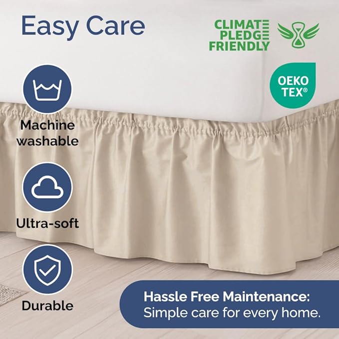 Wrap Around Dust Ruffle Bed Skirt - Wheat - for King Size Beds w/ 12 Inch Drop - Easy Fit Elastic Strap - Adjustable Pleated Bedskirt w/Brushed Fabric - Wrinkle Free - for Women, Men, Kids & Teens