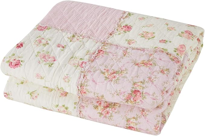 Cozyholy Original 100% Cotton Patchwork Quilt Full Queen Size Pink Floral Bedspread Coverlet Reversible Vintage Shabby Chic Quilted Throw Blanket Bed Quilt Cover for Couch Sofa