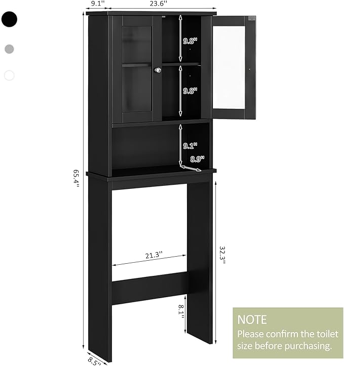 Meilocar Over The Toilet Storage Cabinet for Bathroom, Black Storage Organizer Over Toilet, Space Saver with 2 Tempered Glass Doors, Black