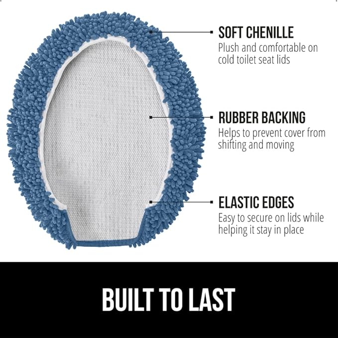 GORILLA GRIP Soft Chenille Bathroom Toilet Lid Cover, Machine Washable Seat Covers, 19.5x18.5, Stays in Place Rubber Backing, Fits Most Round, Elongated and Oblong Lids, Accessories Decor, Blue