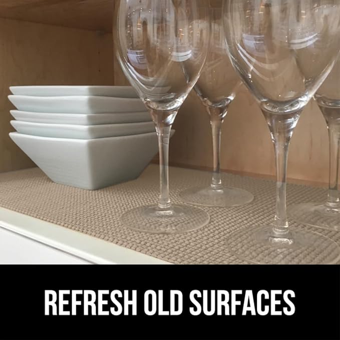 GORILLA GRIP powerGRIP Drawer Shelf and Cabinet Liner, Thick Strong Hold, Non-Adhesive Liners Protect Kitchen Cabinets and Cupboard, Bathroom Drawers, Easy Install, Breathable Mat, 12" x20', Beige