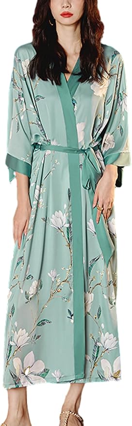 Silk Satin Robe for Women Long Japanese Kimono Robe Lightweight Soft Bathrobe Floral Luxury Dressing Gown
