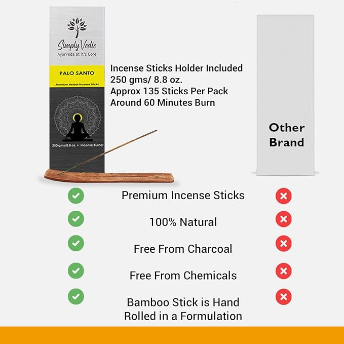 Simply Vedic Palo Santo Incense Sticks – 250g Pack (Approx. 135 Handmade Agarbatti + Free Holder) | Natural & Charcoal-Free | 45-Min Burn for Meditation, Yoga, Aromatherapy, Energy Cleansing