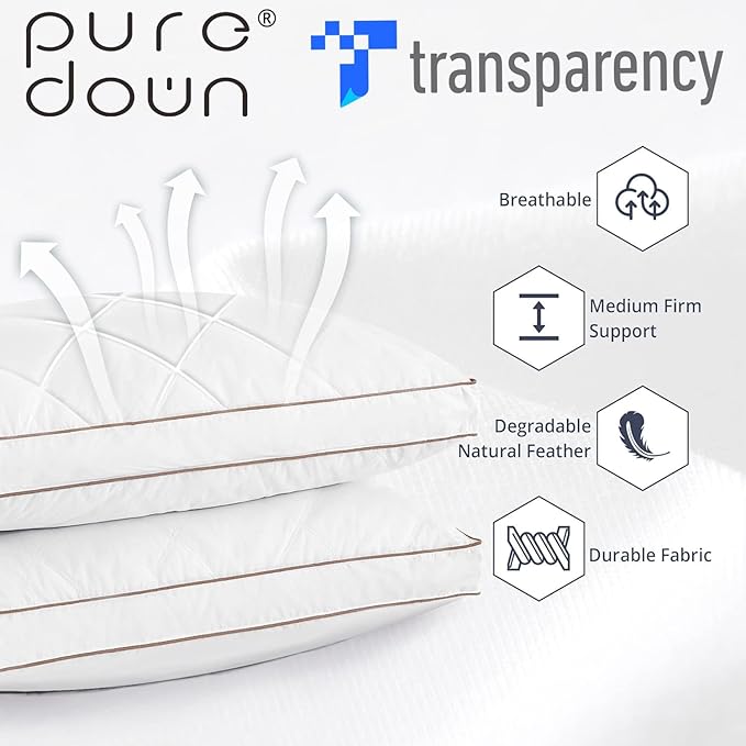 puredown® Goose Feathers and Down Pillow for Sleeping Hotel Collection Bed Pillows, Gusseted, Standard/Queen, Set of 2
