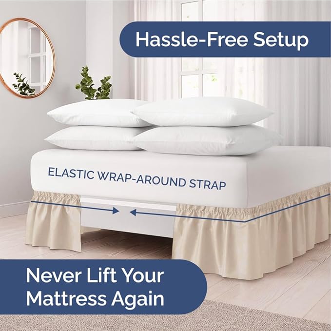 Wrap Around Dust Ruffle Bed Skirt - Wheat - for King Size Beds w/ 12 Inch Drop - Easy Fit Elastic Strap - Adjustable Pleated Bedskirt w/Brushed Fabric - Wrinkle Free - for Women, Men, Kids & Teens