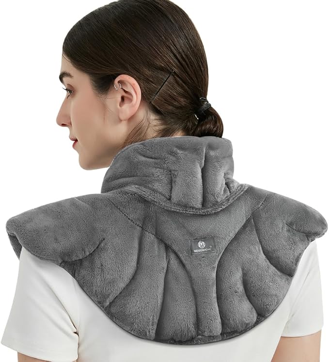 Microwavable Heating Pad for Neck and Shoulders, Weighted Microwave Moist Neck Wrap for Pain Relief Sore Muscle Stress Tension, Heated Wrap with Aromatherapy, Hot & Cold Compress, Grey