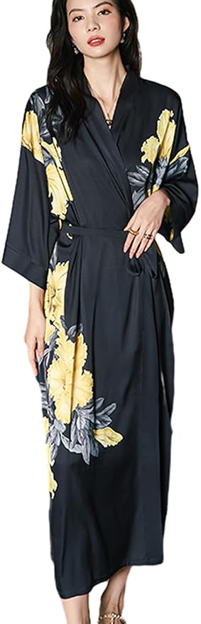 Silk Satin Robe for Women Long Japanese Kimono Robe Lightweight Soft Bathrobe Floral Luxury Dressing Gown