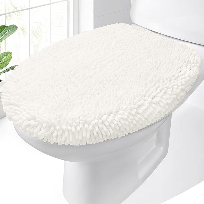 OLANLY Soft Chenille Bathroom Toilet Lid Cover, Machine Washable Seat Covers, 17.5x15, Stays in Place Rubber Backing, Fits Most Round, Elongated and Oblong Lids, Accessories Decor, Ivory