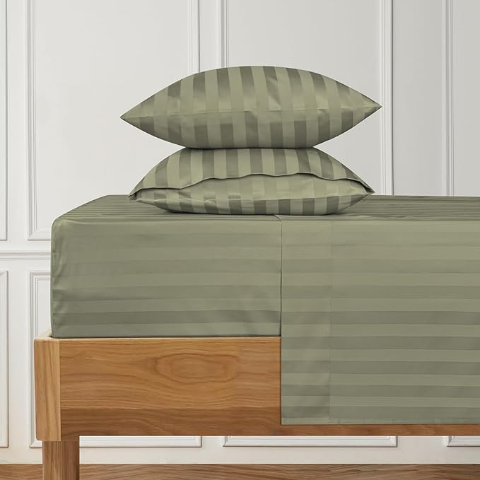 URBANHUT 1000 Thread Count Damask Striped Full Size Egyptian Cotton Sheets, Long Staple Soft & Breathable, 4 Pc Bed Sheet Sets, Luxury Hotel Sateen Finish Sheets Fits 16" Deep Pocket - Sage