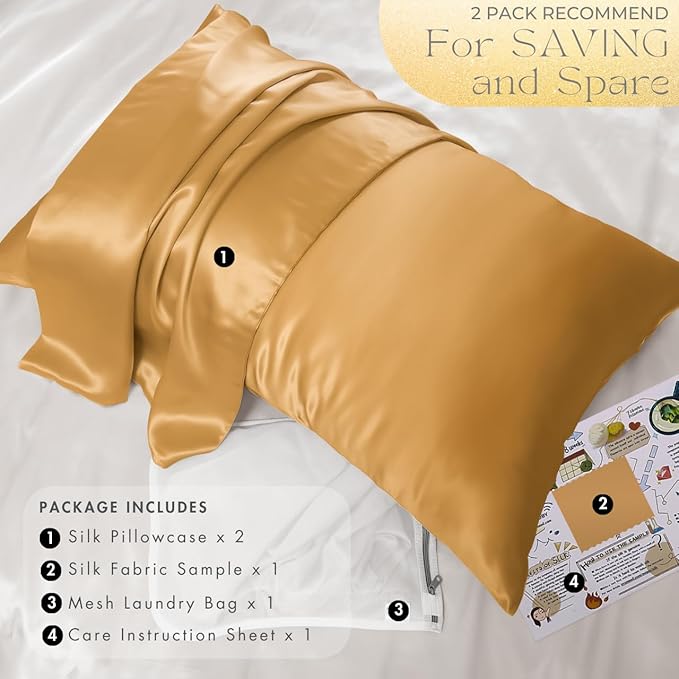 PROMEED 23 Momme Silk Toddler Pillowcase 2 Pack with Free Laundry Bag, Natural Highest Grade 6A+ 100% Mulberry Silk Pillow Case Set of 2, Zipper (Toddler/Travel 13"x18", Gold)