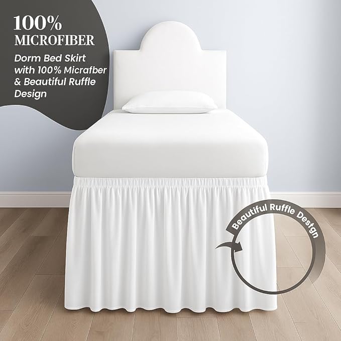 Cottingon Dorm Bed Skirt Twin XL 32" with Split Corners, 100% Microfiber Soft and Stylish, College Room Essential, Extra Long Dust Ruffle for Extended Beds, White
