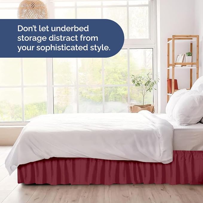 Wrap Around Dust Ruffle Bed Skirt - Burgundy - Twin/Twin XL Size Beds with 12 Inch Drop - Easy Fit Elastic - Adjustable Pleated Bedskirt w/Brushed Fabric Wrinkle Free - Women, Men, Kids & Teens