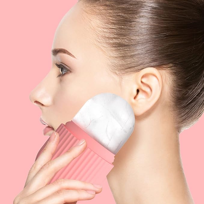 Ice Face Roller, Reusable Silicone Mold Face Massage Eye Facial Beauty Skin Care Tools Apply Ice for Shrink Pores Anti Wrinkle Reduce Puffiness Improve Skin Elasticity, Striped, Pink