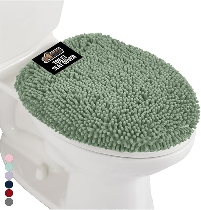GORILLA GRIP Soft Chenille Bathroom Toilet Lid Cover, Machine Washable Seat Covers, 19.5x18.5, Stays in Place Rubber Backing, Fits Most Round, Elongated and Oblong Lids, Accessories Decor, Sage Green