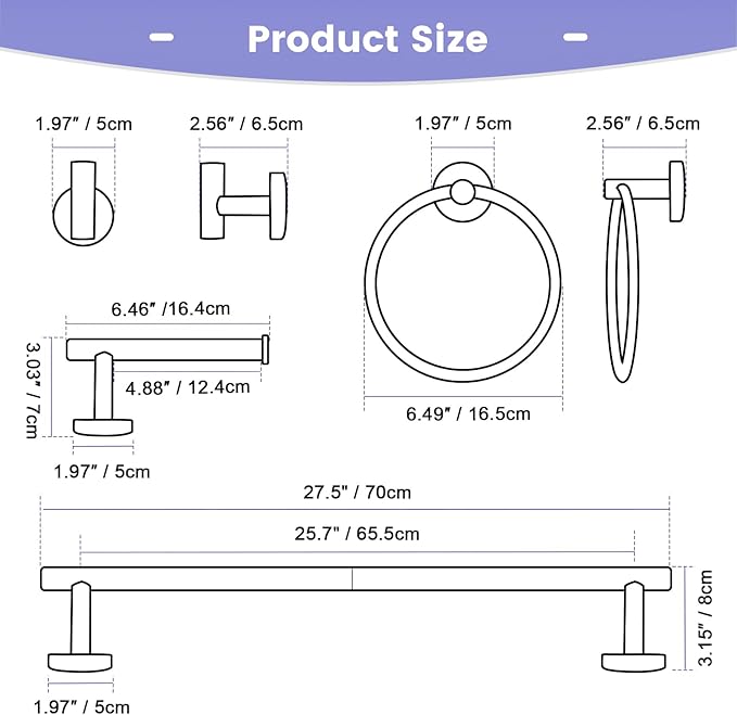YACVCL 5 Pieces Bathroom Hardware Set Black, 27.5 Inch Towel Holder for Bathroom Wall SUS304 Stainless Steel, Matte Black Bathroom Accessories Wall Mounted, Bathroom Towel Holder Set, Towel Rod