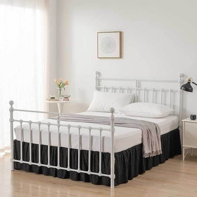 Tufted Dot Bed Skirt Queen Size Ruffled Bed Skirt with Split Corners, 14 Inch Drop Dust Ruffle Bed Skirts with Platform, Black