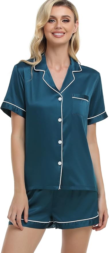 Women's Satin Pajama Set 2-Piece Sleepwear Loungewear Button Down Short Sleeve Silky PJ Set